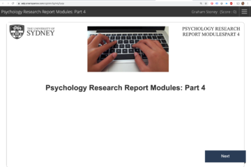 Web browser showing Psychology Research report Modules: Part 4 with picture of hands typing on a MacBook